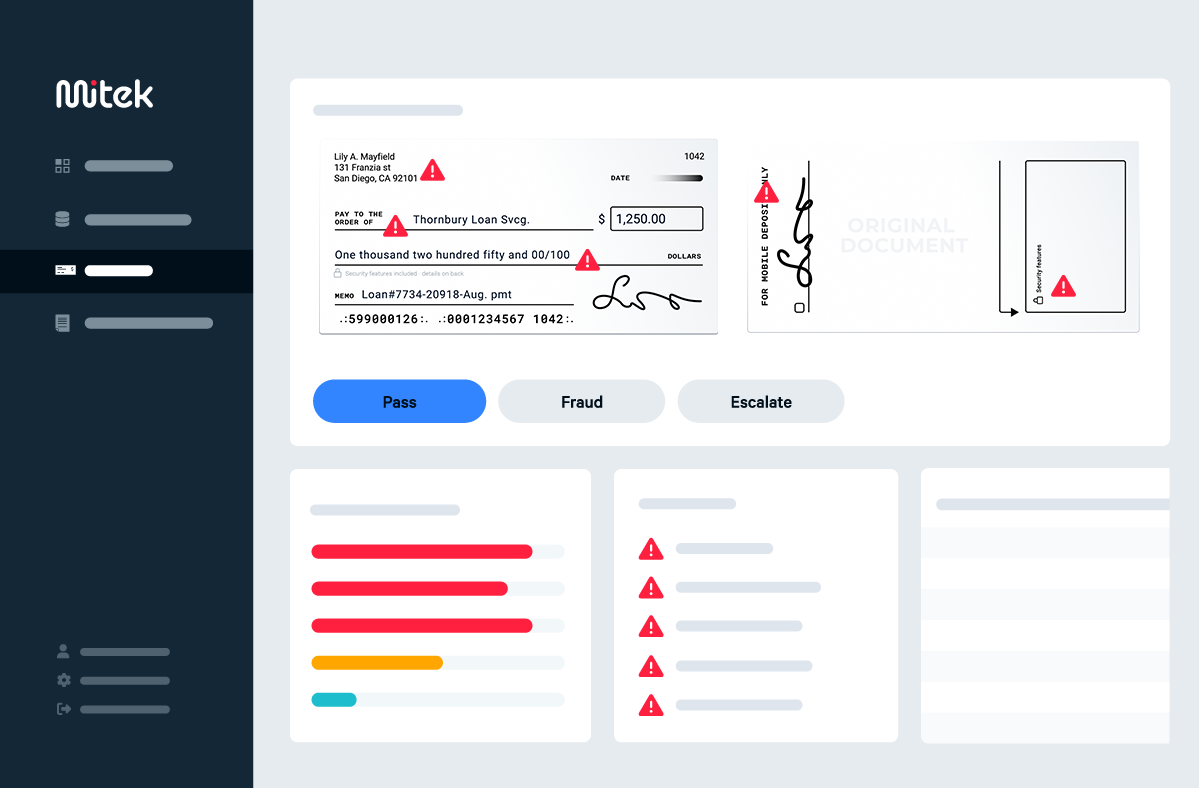 Mitek's Check Fraud Defender dashboard showing the front and back of a check with several fraud warning icons flagged on payee name, amount, and signature fields, alongside 'Pass,' 'Fraud,' and 'Escalate' decision options and a fraud risk indicator panel.