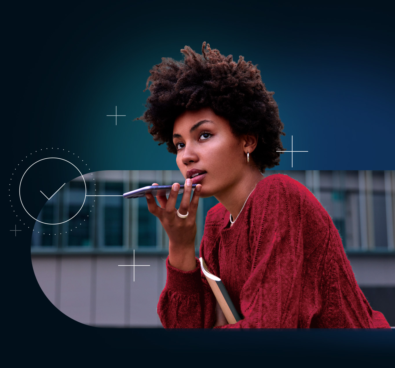 Young woman holding notebook and speaking indirectly into her smartphone