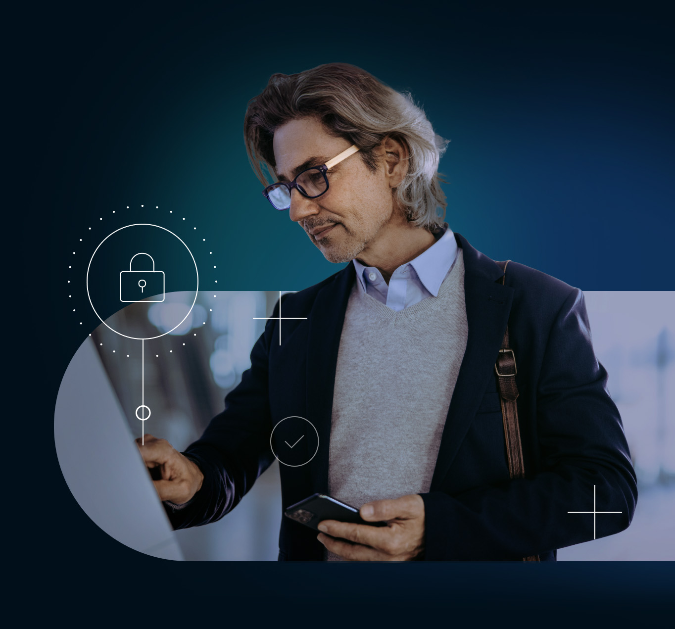 Middle-aged man holding his smartphone while operating an ATM case machine