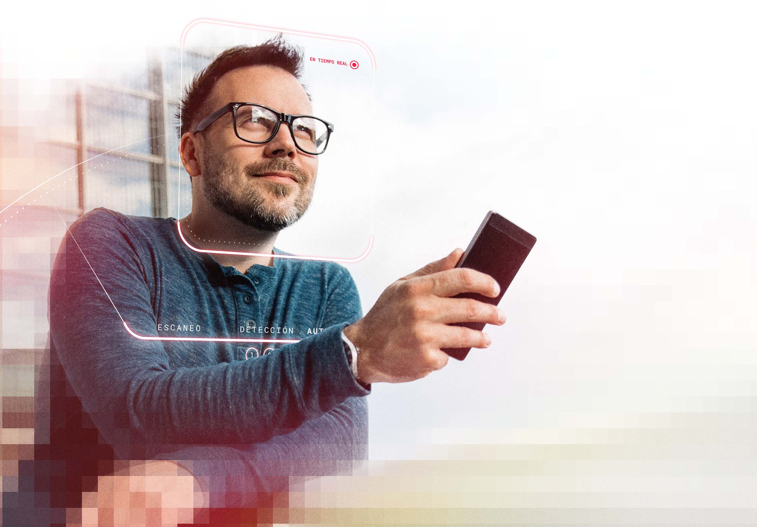 Hombre usando su smartphone con una superposición de reconocimiento facial que muestra escaneo y detección en tiempo real, representando la tecnología de verificación de identidad biométrica.