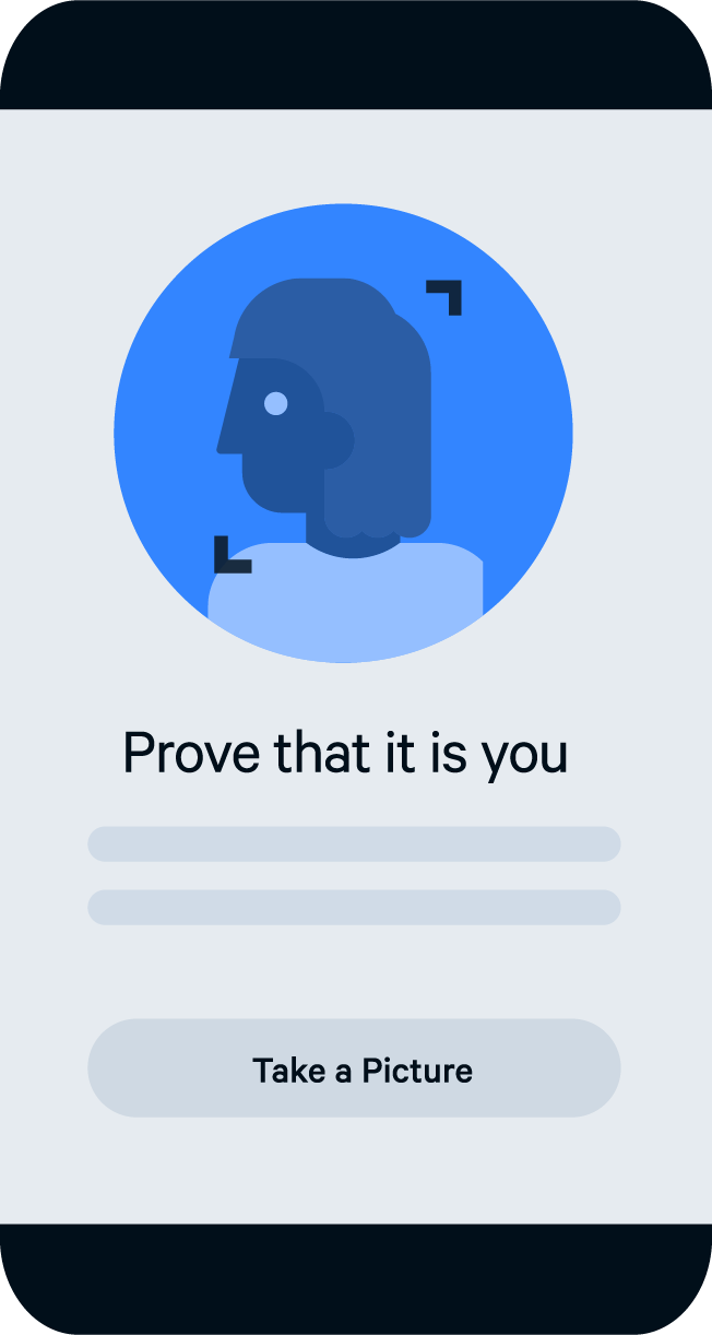 Illustration of a mobile screen prompting the user to 'Prove that it is you' with a facial silhouette inside a circular frame and a 'Take a Picture' button.